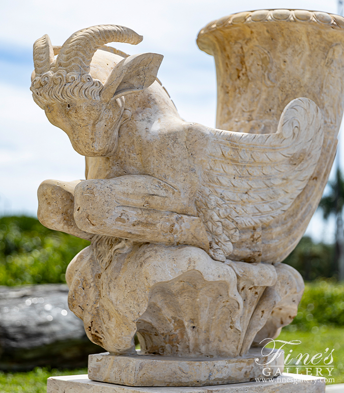 Marble Planters  - Mythical Ram Planter Pair In Classic Light Travertine - MP-343